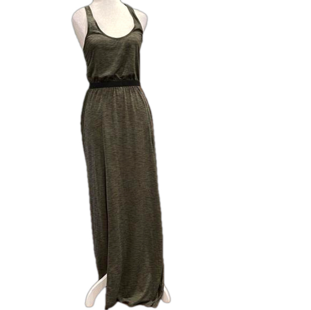 Minimalist Gray Maxi Dress Side Slit Cinched Waist Capsule Chic - Picture 2 of 9